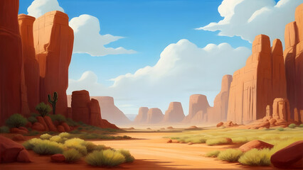 A painting of a desert landscape with rocks and grass