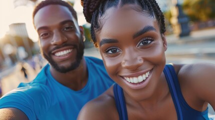Obraz premium Happy couple taking a selfie after exercising outdoors, showcasing fitness and wellness with a phone snapshot