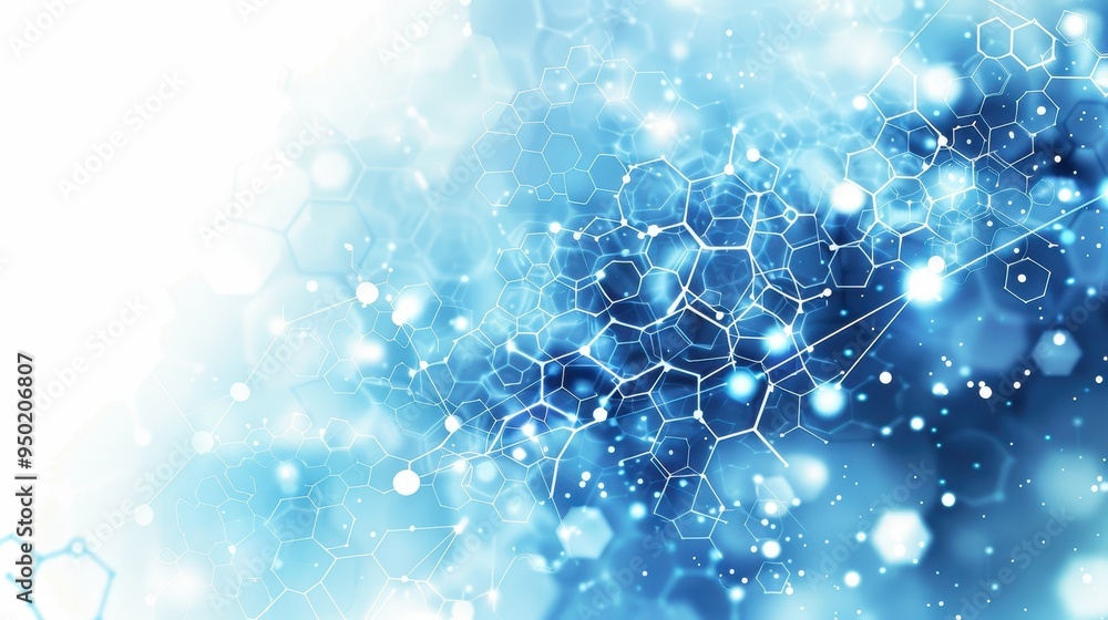 Poster abstract blue hexagon background with connecting dots on a white surface in a modern design