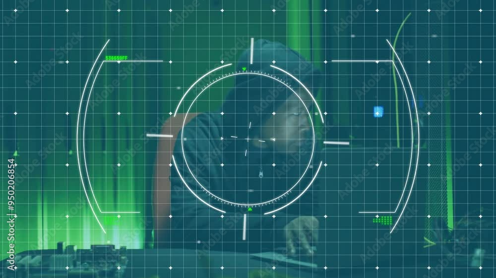 Poster hacker working on computer, digital targeting animation over green grid background