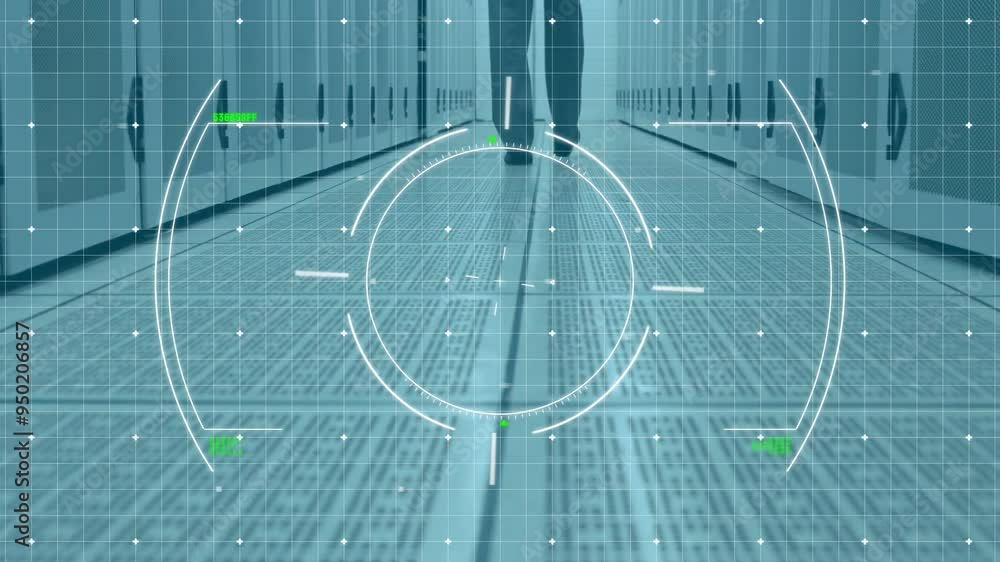 Poster targeting animation over person walking in data center, focusing on technology
