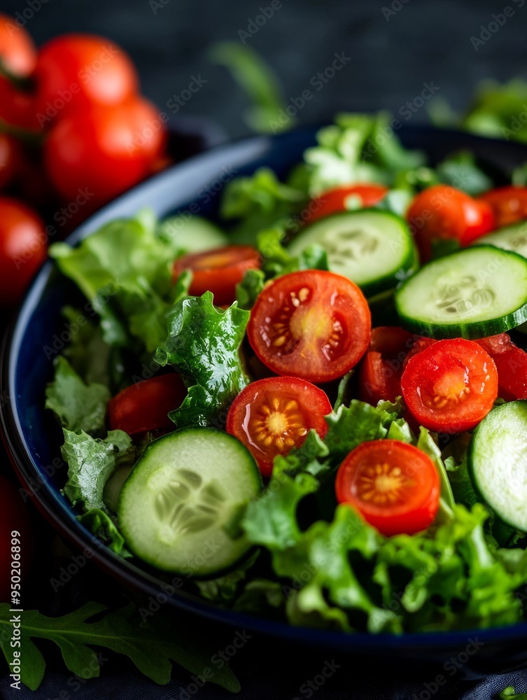 Wall mural A close-up of a salad bowl filled with fresh lettuce, cherry tomatoes, and cucumber slices. The vibrant colors and textures of the ingredients create a visually appealing and healthy meal.