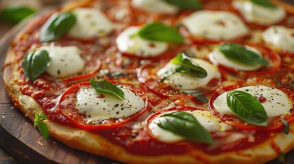 Close-up of a fresh pizza with mozzarella, tomato sauce, and basil ready to serve