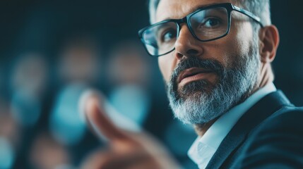 A suited individual with glasses is seen pointing towards the audience while speaking at a conference, highlighting the importance of engagement and effective communication.