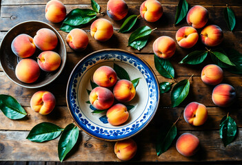 Ripe peaches lying on an old wooden table