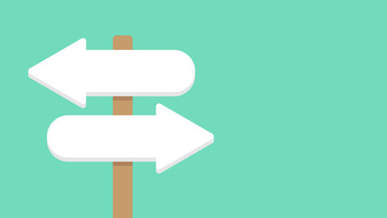 Blank directional signpost with rounded arrows pointing left and right. Road sign on green background. Choosing the path to follow.	
