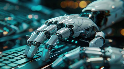 Close-up of a robotic hand typing on a keyboard, showcasing generative AI technology in action