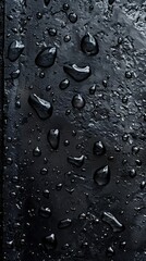 The image is of a black surface with drops of water on it