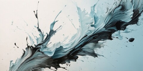 Abstract black ink brush stroke design over a light blue pastel background.
