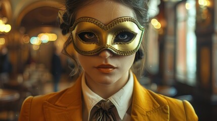 A woman in a golden mask brings humor to a serious business environment during a corporate event