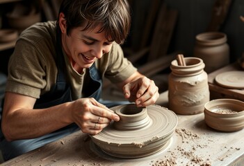 Pottery maker shaping clay with muddy hands and a creative grin