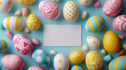 Top down view of colorful Easter eggs arranged around a blank label for holiday invitations