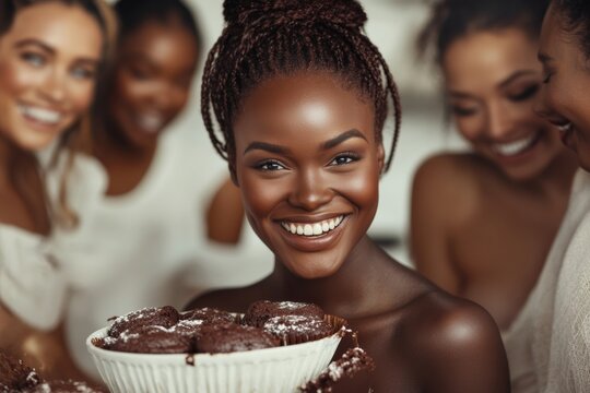 Diverse Group of Young Women Baking and Enjoying Chocolate Muffins in a Bright, Vintage-Style Kitchen