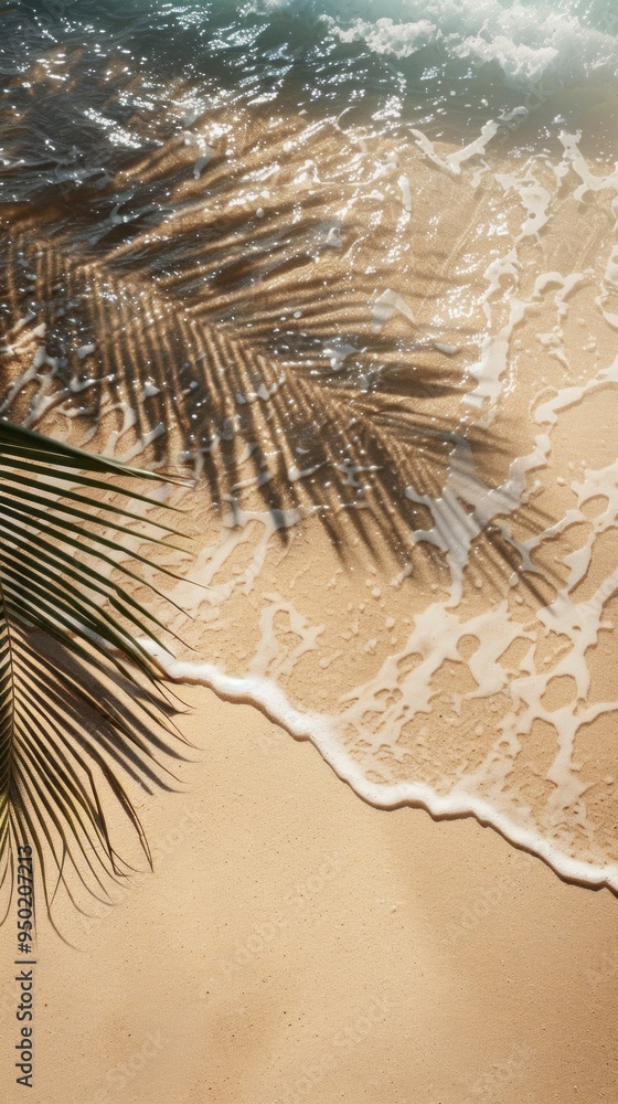 Poster a palm tree is on the beach next to the ocean