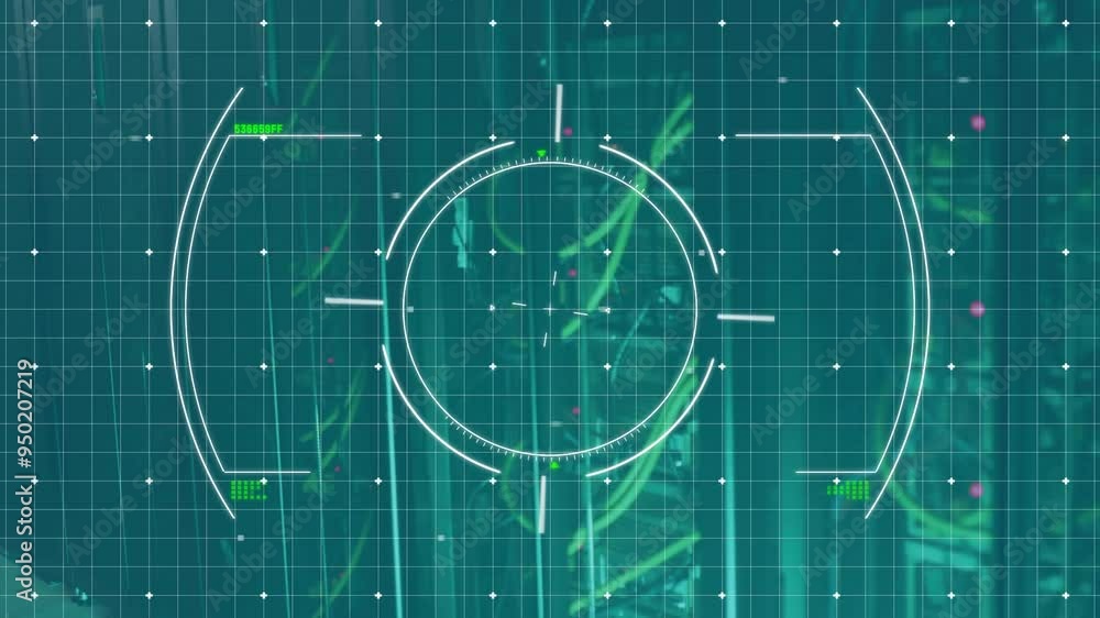 Poster targeting system animation over green grid background with technical elements
