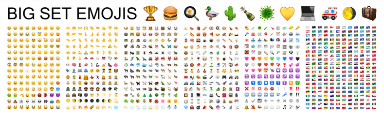 All type of emojis in one big set. Hands, gesture, people, animals, food, transport, activity, sport emoticons. Smiley big collection. Vector 10 eps.