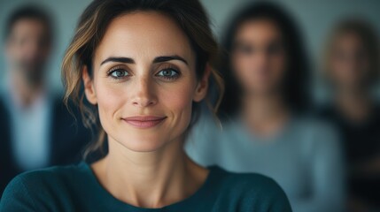A focused female professional stands confidently in front of her team, representing leadership, empowerment, and successful management in a modern office setting.