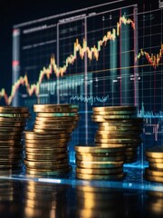 Coins overlaid on a technology and financial graph backdrop showcasing double exposure.