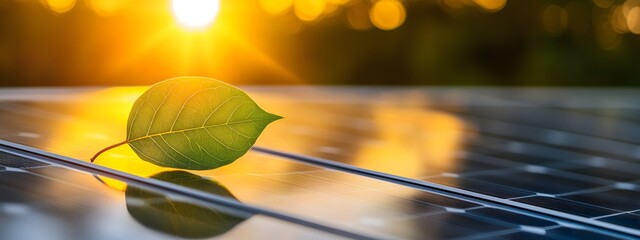 A close-up of solar panels with sunlight shining on them, and an isolated green leaf placed next to the panel