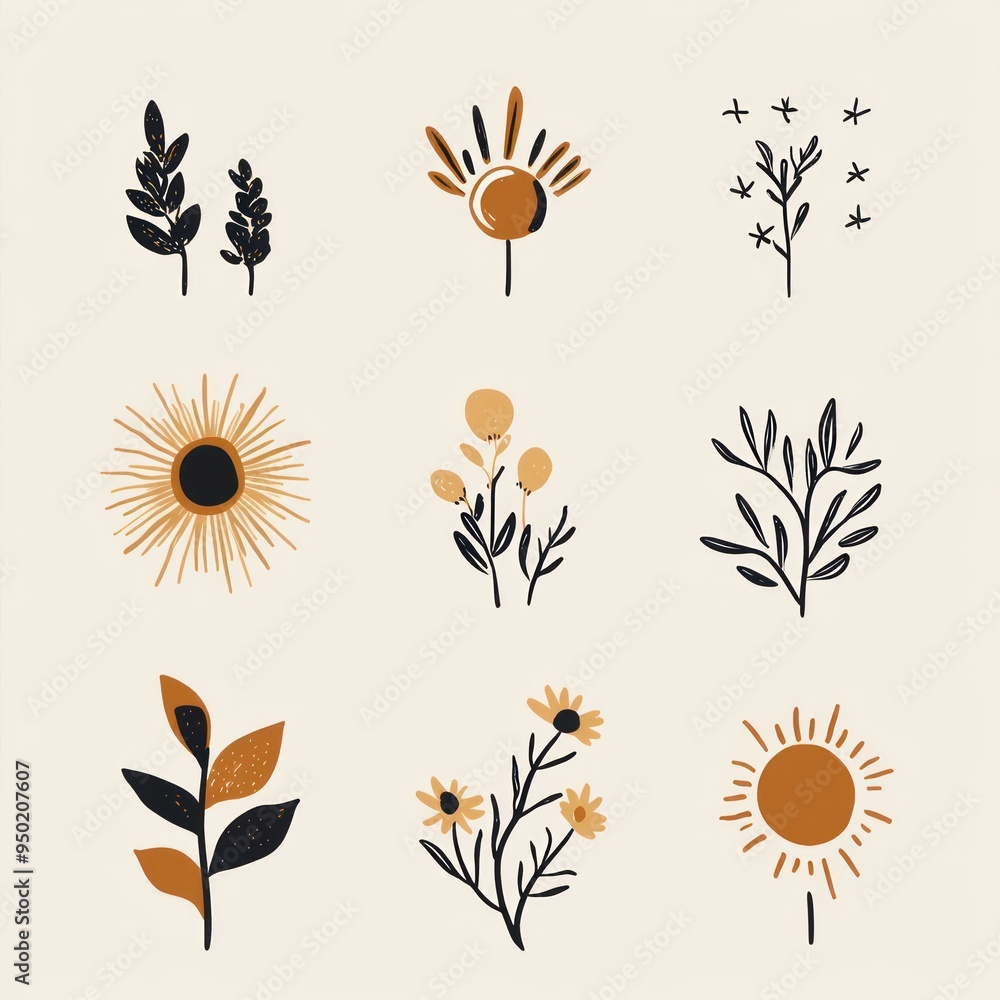 Canvas Prints A grid of floral illustrations in earthy tones, showcasing various plant designs.