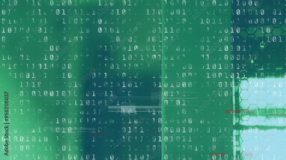 Poster Animating binary code and hexagonal grid over green background