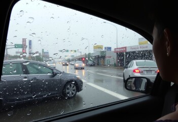 Rainy Day Driver looking out at the wet street through rain stre