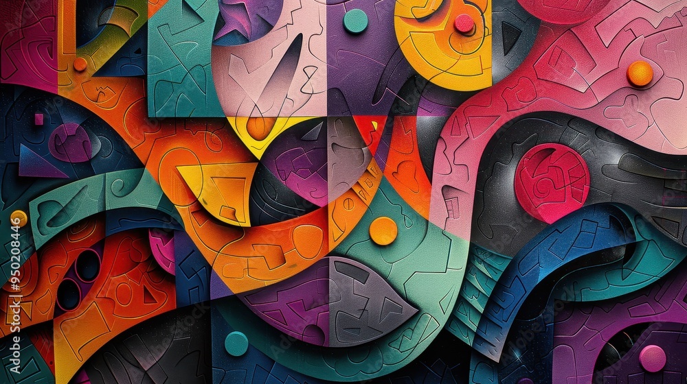 Poster colorful abstract design featuring geometric patterns and textured shapes in vibrant hues