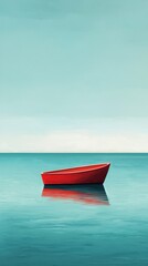 Naklejka premium A serene red boat floats calmly on tranquil waters under a clear sky, evoking peace and solitude in nature's embrace.