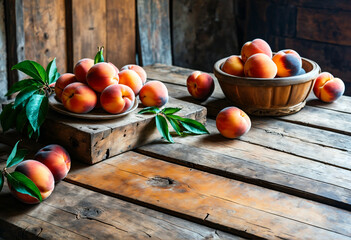 Ripe peaches lying on an old wooden table