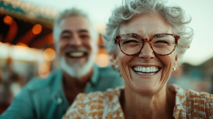 Two elderly individuals, showing endless joy and laughter, smile closely together outdoors. Their happiness is contagious, showing the beauty of a happy, lifelong companionship.