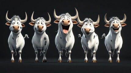 Obraz premium Five animated cows displaying various cheerful expressions in a playful arrangement.