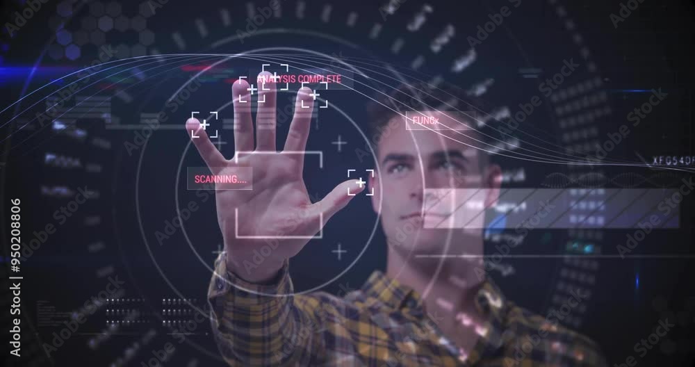 Aufkleber scanning hand with biometric data processing animation over man in checkered shirt