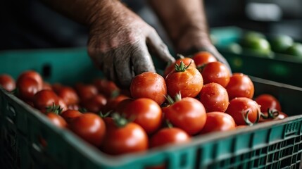 An engaging image showcasing farm-fresh tomatoes being carefully handled in a green crate, highlighting the importance of fresh produce and attentive agricultural practices.