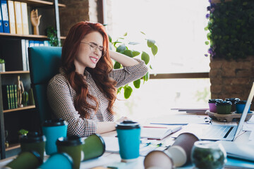 Photo of exhasted tired lady boss formalwear working feeling strong head ache indoors workplace...