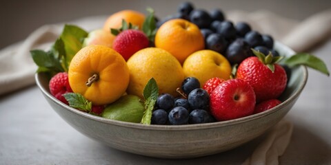 Assorted fresh fruits in a decorative bowl.
