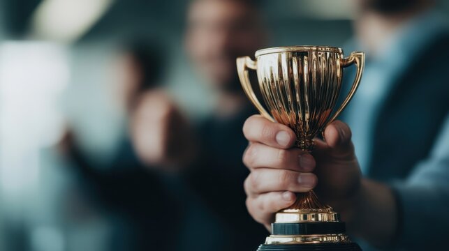 A close-up image of a hand proudly holding a golden trophy, symbolizing achievement, success, and recognition in a formal or ceremonial indoor environment.