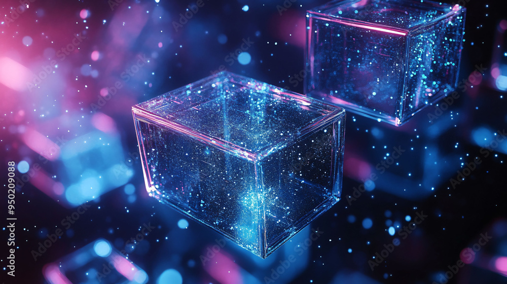 Poster abstract glowing geometric shapes floating in dark space create mesmerizing visual effect.