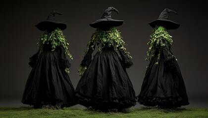Naklejka premium Mystical witches in flowing black dresses adorned with vibrant greenery, creating an enchanting and eerie atmosphere.