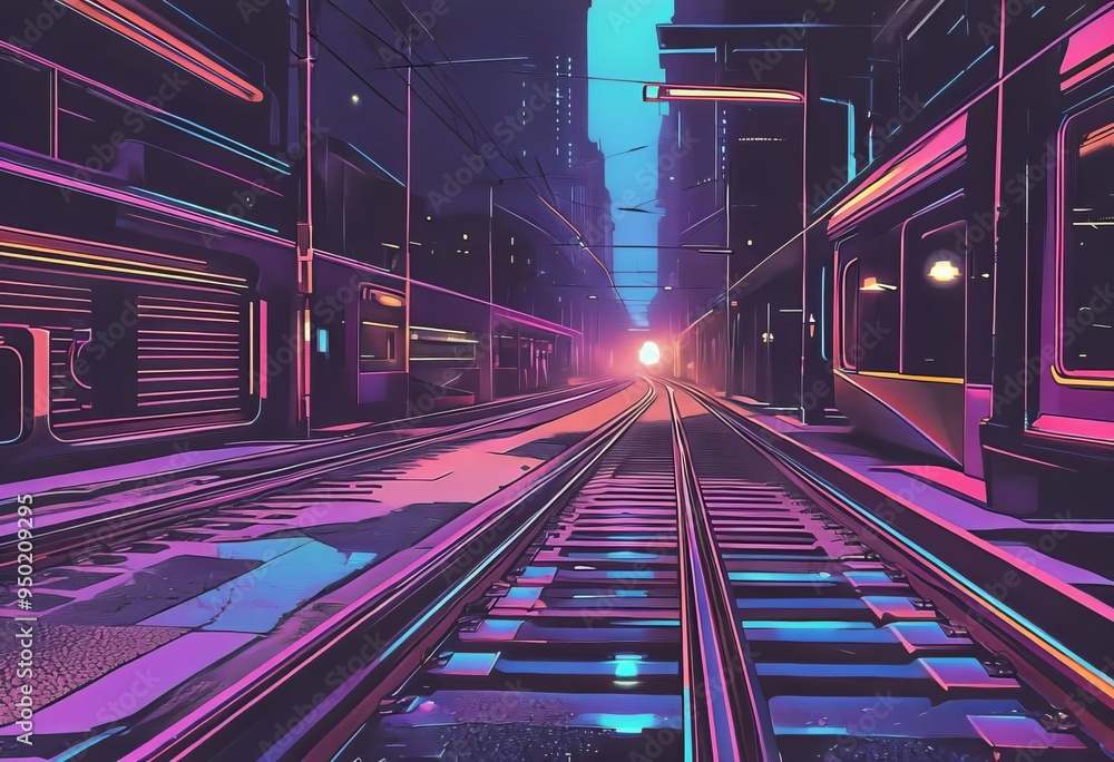 Wall mural retrofuturistic rails tram tracks rendered in a retrofuturistic