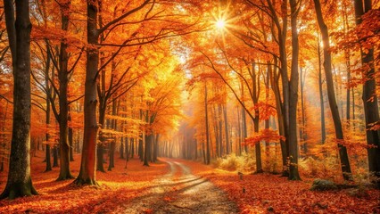 Fototapeta premium Orange autumn forest illuminated by the sun reflected, sunlight, leaves, beauty, seasonal, trees, landscape, light, colorful, forest, sun, peaceful, outdoors, tranquil, autumn, serene