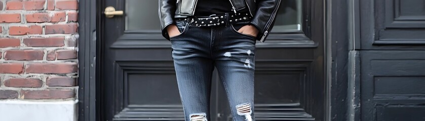 A woman in a leather jacket and jeans stands in front of a brick building