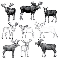 Fototapeta premium A collection of illustrated moose in various poses and styles.