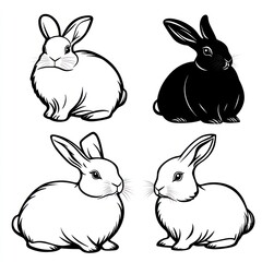 Four stylized rabbit illustrations in black and white, showcasing different poses and expressions.