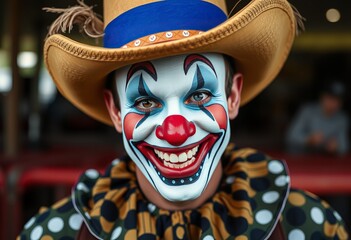 Rodeo clown with face paint and an exaggerated comical grin