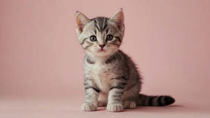 Cute American Shorthair Kitten sitting on pastel pink background with copy space