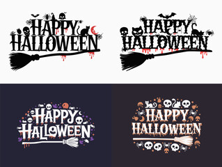 Halloween card design with cute typography funny silhouettes graphic elements like skulls, spiders, cats, spiders, blood drips, and a crescent moon