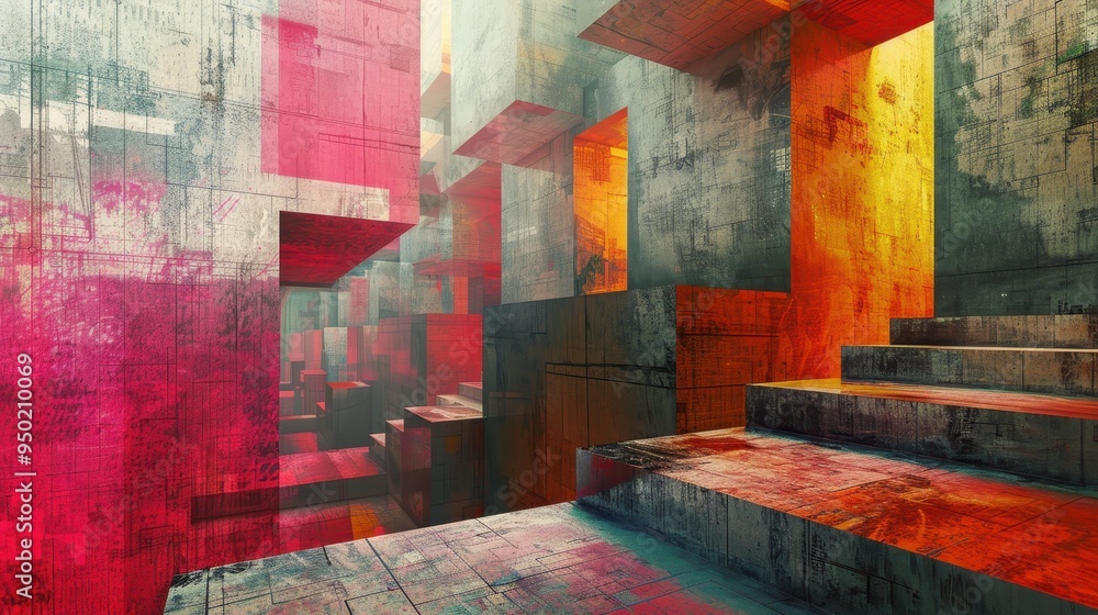 Poster vibrant abstract architecture with layered textures and bright colors in a surreal environment