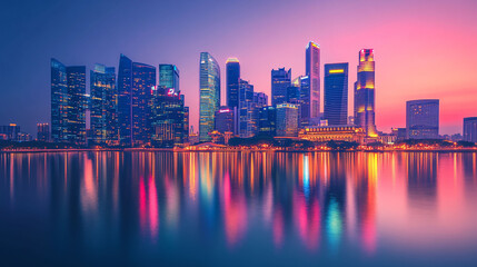Fototapeta premium City skyline at dusk with glowing skyscrapers reflecting in water, creating vibrant and colorful atmosphere.