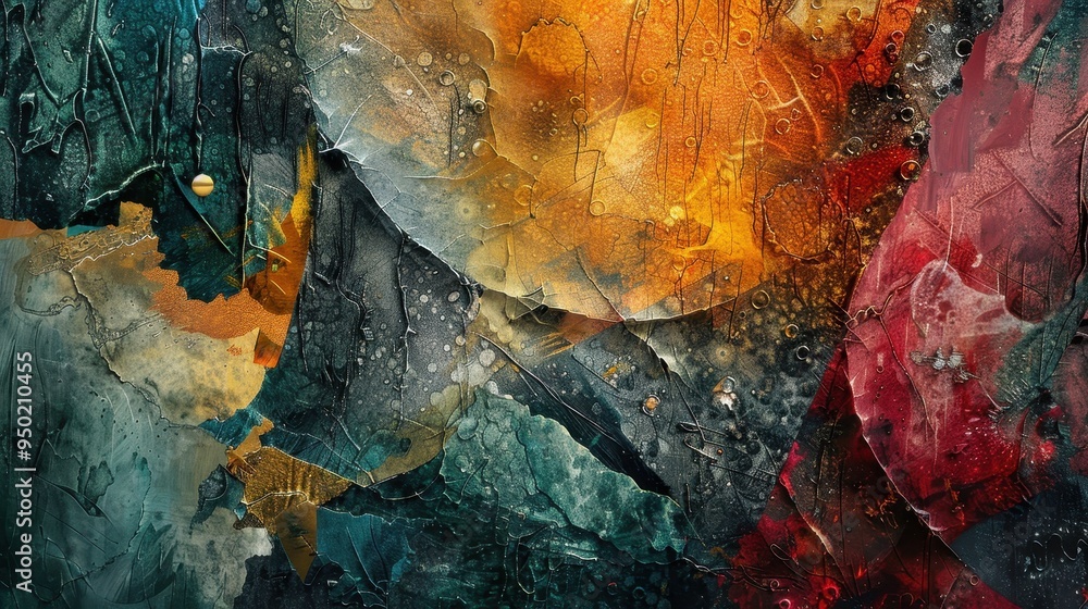 Poster colorful abstract patterns with vibrant textures and shapes reflecting light and depth in artwork