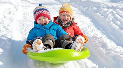 Sledding down a snowy hill, joyful winter activity, children laughing, soft snow, winter fun
